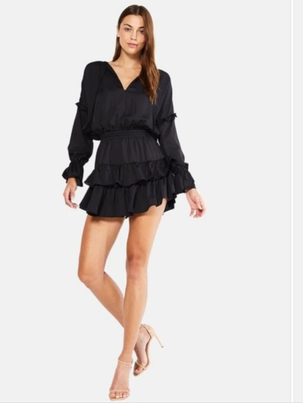 Misa Los Angeles Amalya Mini Dress Satin Crepe Ruffle Tiered Black Boho Size S